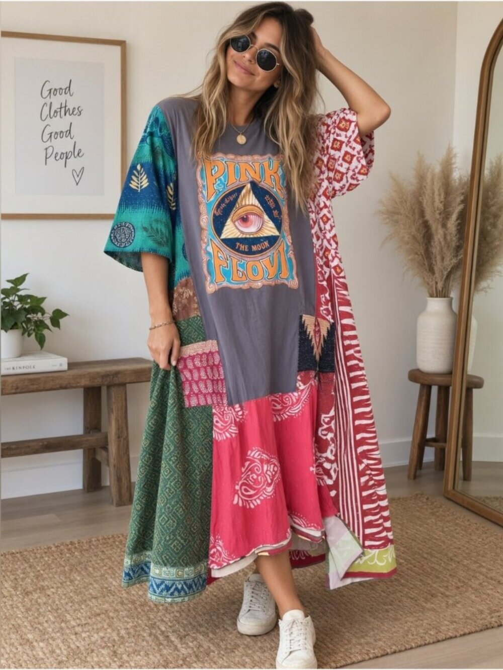 Pink Floyd Gray Graphic Patchwork Kimono Top Multicolor Panels